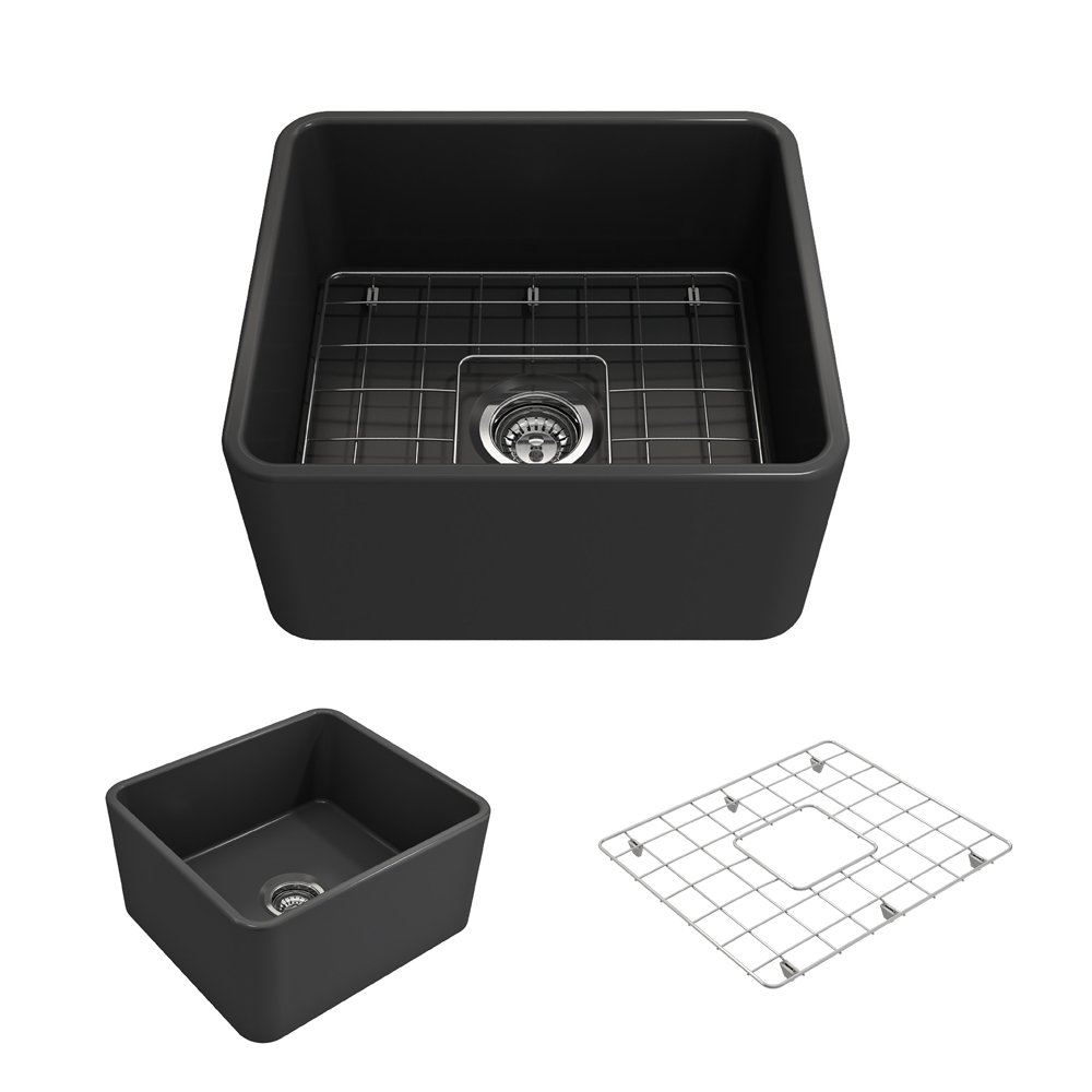 Classico Farmhouse Apron Front Fireclay 20 in. Single Bowl Kitchen Sink with Protective Bottom Grid and Strainer in M.Dark Gray