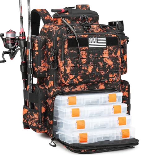 Image of Tactical Fishing Backpack with 4 Tackle Boxes, Rod Holders & Bottle Holder