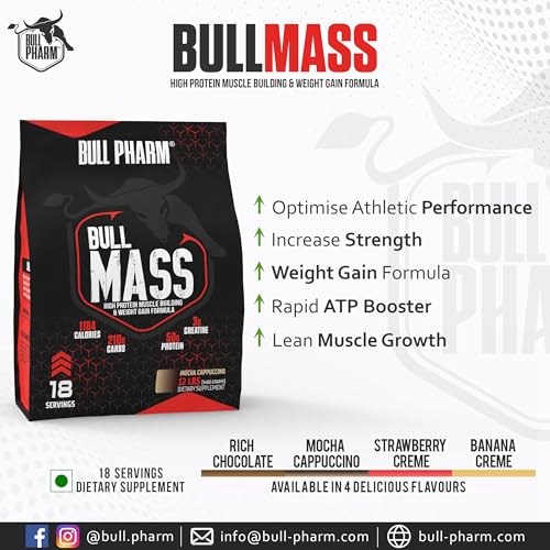 Image of Bull Mass Muscle Gainer Protein Powder | Increased Athletic performance | Strength | Weight Gain | Lean Muscle | FSSAI Approved (Mocha Cappuccino, 12 Lbs)