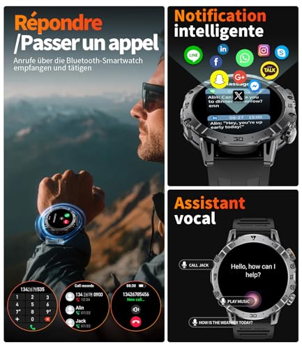 1000 mAh Batterie Montre Connectée Homme Militaire, 1.7'' HD Smartwatch Homme avec Appel Bluetooth, LED Lampe, 114 Modes Sport, Fréquence Cardiaque/Moniteur de Sommeil, IP68 Montre pour Android iOS – Image 4