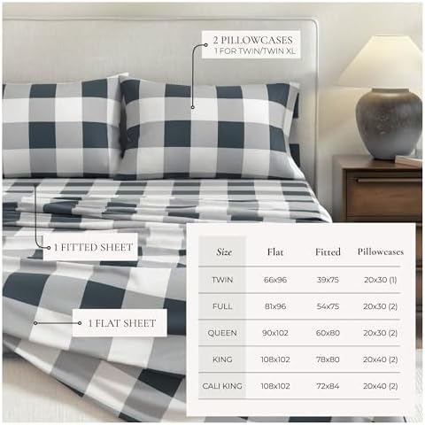 Extra Soft Buffalo Check 100% Turkish Cotton Flannel Sheet Set. Warm, Cozy, Lightweight, Luxury Winter Bed Sheets. Belle Collection (Queen, Navy) - 2