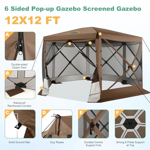Image of COBIZI 12x12 FT Pop Up Canopy Extendable Tent, Gazebos On Clearance With Removable Roof, Screened In Gazebo,Screen Tents Portable carpas para patio for Outdoor Camping,Backyard, Garden,Brown(Upgraded)