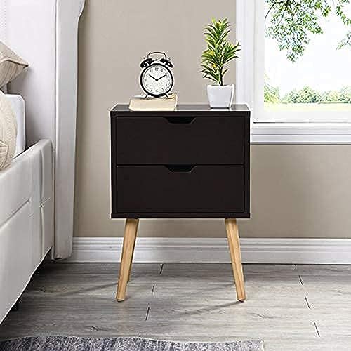 Image of Storage Nightstand Mid-Century Modern Bedside Table with Solid Wood 4 Legs Minimalist and Practical End Side Table- 2 Drawer-Brown