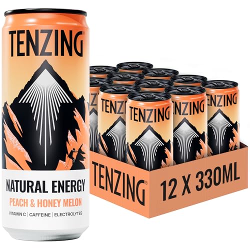 TENZING Natural Energy Drink Plant Based Vegan & Gluten Free Drink Peach & Honey Melon 330ml (Pack of 12) - Packaging may vary