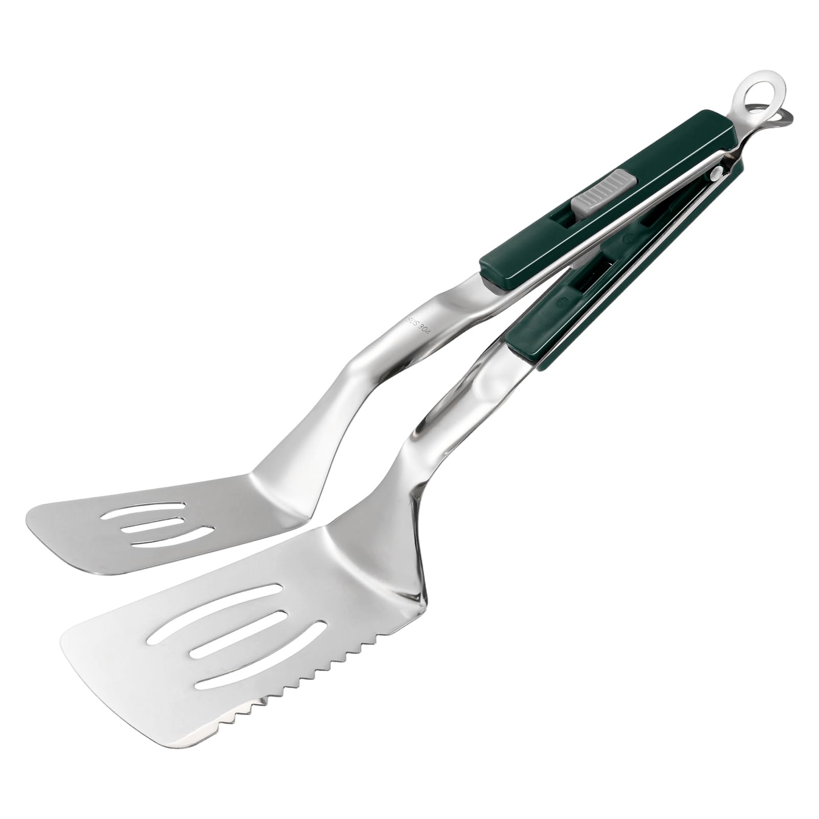 M METERXITY Spatula Tongs, 11.4 Inch 304 Stainless Steel Anti-Scald Serrated Multifunctional Flipper Grill Clamp for Cooking/Barbecue, Kitchen Cooking Tongs [Green Handle, Silver Tone]