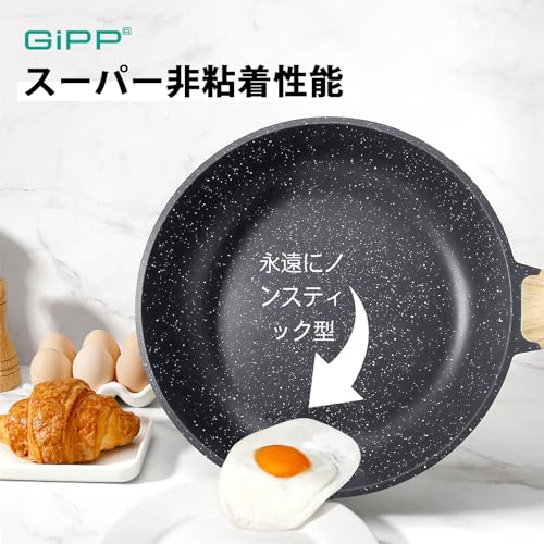 Image of GiPP Fry Pan, 9.4 inches (24 cm), Lid Included, Induction and Gas Fire, Non-Stick Frying Pan, Heat Resistant Handle, Ceramic Coating, Healthy Cleaning, High Heat Efficiency, PFOA PFOS Free, Gray