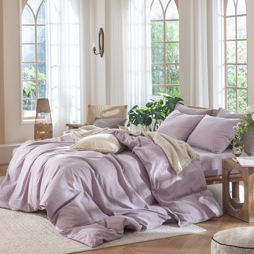Image of MooMee Duvet Cover Set 100% Washed Cotton Linen Like Full | Relaxed Linen-like Texture. Soft, Breathable & Long-lasting Comfort. Lightweight. Hidden Zipper with 8 Interior Corner Ties