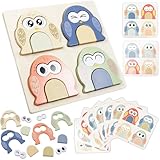 Set di puzzle in legno a forma di gufo: il set di puzzle in legno Montessori contiene 12 pezzi colorati di puzzle in legno, 10 carte double face, 1 base in legno e 1 scatola portaoggetti, in modo da poterlo riporre dopo il gioco; questo giocattolo non è solo adatto per l'interazione genitore-figlio, ma anche per giocare con i partner; i colori vivaci di questi puzzle in legno possono attirare l'attenzione dei bambini