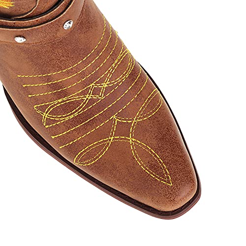 Pbnbp Mid Calf Cowboy Boots For Women Low Block Heels Snip Toe Sunflowers Embroidered Suede Western Boots Slip On Closed Toe High Top Fashion Shoes Zapatos Para Mujer Brown thumb #6