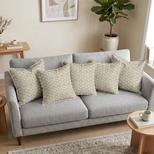 Image of Divine Casa Pluto Cushion Covers Set of 5 Beige | 16x16 Inch Jacquard Patchwork Design Cushion Covers | Decorative Throw Pillow Covers for Sofa & Couch