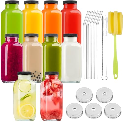 Kucoele 16oz Glass Juice Bottles with Lids, 10 Pack Drinking Containers with Straws Reusable Water Cups Mason Jars for Juicing, Smoothie, Milk, Kombucha