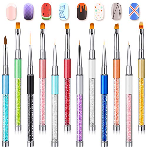 12 Pieces Gel Nail Brush Nail Art Liner Brushes UV Acrylic Painting Nail Brush Pen Rhinestone Handles for Nail Art Home and Salon, 5/7/ 9/11/ 20 mm