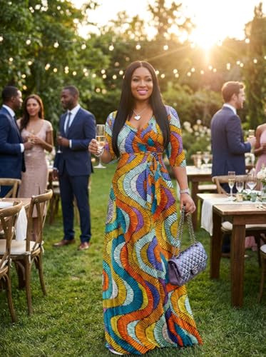 Image of Yajedo Womens Casual Summer Maxi Dress Plus Size Sexy Wrap V Neck 3 /4 Sleeve Sundress with Pockets