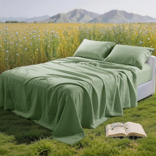 Image of 100% Pure Linen Sheet Set for Hot Sleepers, Breathable Natural Linen Sheets 4pcs, Bedding Set Deep Pocket Up to 16 inch Moisture-Wicking, Softens with Every Wash (Green Full)