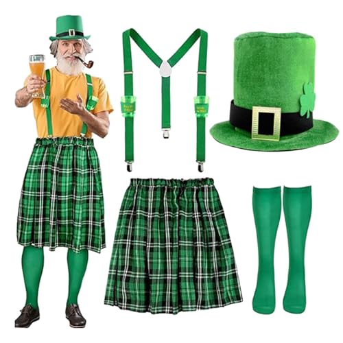 MaNMaNing Costume Saint Patrick Homme Tablier Vert Écossais Sommelier Serveur Fête Chapeau Haut Accessoires Irlande Célébration Ensemble Complet...