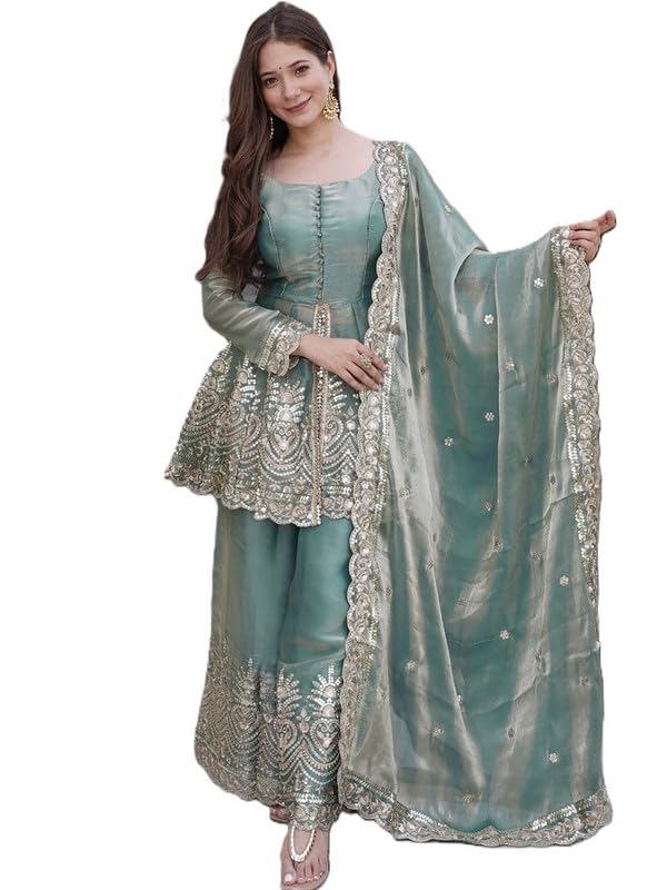 Women’s Fandy Silk Kurta Palazzo Dupatta Set | Sequins Embroidered Ethnic Wear | Full Sleeve Festive Outfit