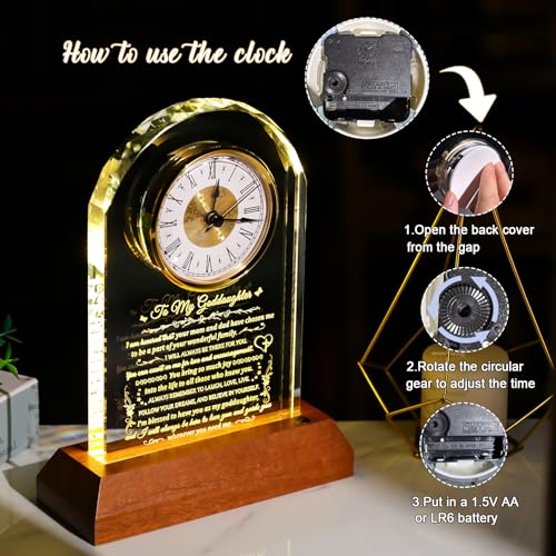 Image of Arikyrist Goddaughter Gift Glass Clock with Wooden Light Base, Gifts from Godmother Godfather Crystal Keepsakes to My Goddaughter on Birthday Graduation Christmas Baptism Ideas