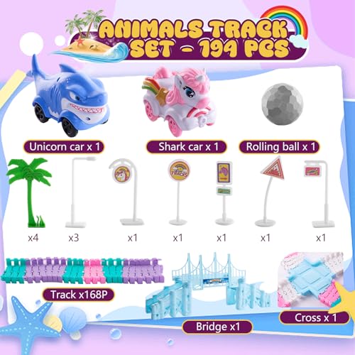 DIY Rennbahn Spielzeug Einhorn – Flexibles Auto Rennstrecke Set für Kinder, 194 Teile, Kreatives Bauset, Autorennbahn Spielzeug, Biegsame Rennstrecke, Geschenk für Jungen & Mädchen