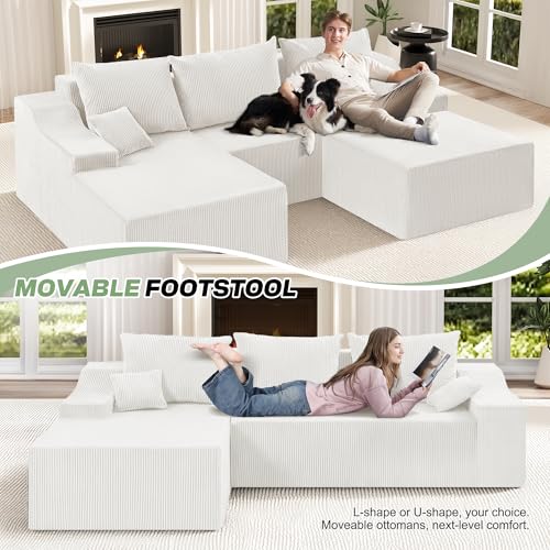 Image of HABUTWAY 94 inch U Shaped Modular Sectional Couch for Living Room, Modular Cloud Sofa with Ottoman, No Assembly Boneless Couches with Deep Seat, Corduroy Fabric (Beige, Left Facing)
