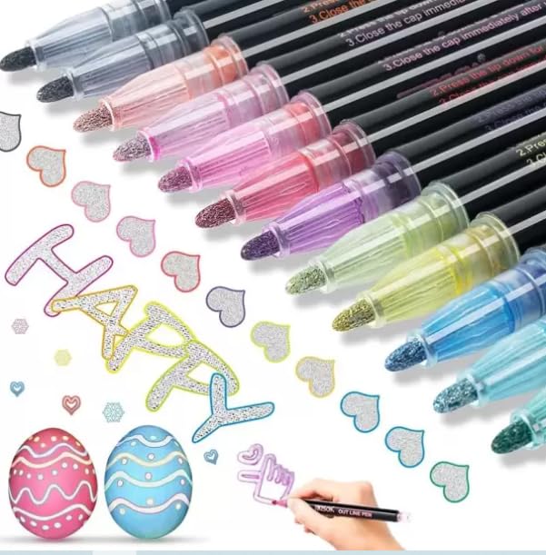 Image of INK SPOT Outline Metallic Marker Pen Set Pack of 12 Double Line Glitter Outline Pens for Art Craft Drawing Calligraphy Scrapbook Greeting DIY Projects Multicolor