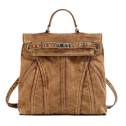 OUYGZOU Fashion Washed Denim Backpack College Style Handbags Women Shoulder Bag Student School Bag Couple Travel Rucksacks (Waste soil brown)