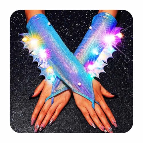 Latious Light Up Fingerless Gloves Colorful Mermaid Elbow Length Gloves Rave Cosplay Costume Accessories for Women (Multicolor)