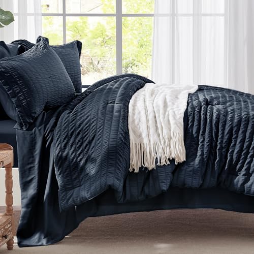 Image of Zzlpp King Comforter Set 7 Pieces, Navy Blue Seersucker Bed in a Bag with Comforter, 2 Pillow Shams, 2 Pillowcases, 1 Flat Sheet, 1 Fitted Sheet