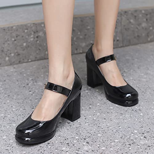 Elbslutt Women's Patent Leather Chunky Mary Janes Platform Square Toe High Block Heels Ankle Strap Pumps2