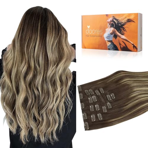 Image of DOORES Clip in Hair Extensions Real Human Hair, Balayage Chocolate Brown to Honey Blonde 135g 18 Inch 7pcs, Natural Extensions Clip ins Thick Weft for Women