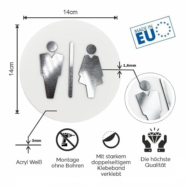 Sosenco WC Schild aus Acryl und Laminate – Toiletten Türschild Kunststoffplatten – WC Türdeko – Toiletteschild – WC Wegweiser (Weiß/Silber) – Bild 3
