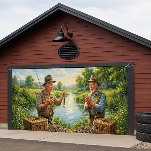 Rivière extérieure en housse de garage, masquez une porte usée avec ce décor de pêche vert - 5
