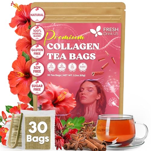 Image of FreshDrinkUS, Premium Collagen Herbal Tea - 30 Tea Bags | Cinnamon Stick, Hibiscus, Dandelion Root, Moringa Leaves, Rose Hip, Ginger, Fennel Seed, Boswellia | Caffeine-Free, Natural Flavorful Blend