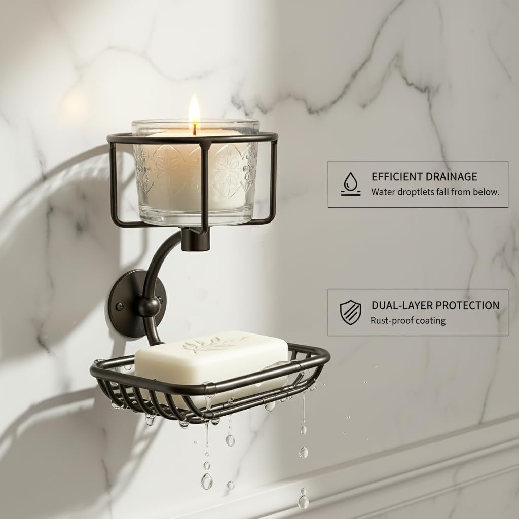 Wall Mounted Bar Soap Holder with Candle & Vase Holder, Farmhouse Soap Dish for Shower Wall, 2-Tier Rustproof Sponge & Soap Organizer for Bathroom, Black Bathroom Wall Decor image 3