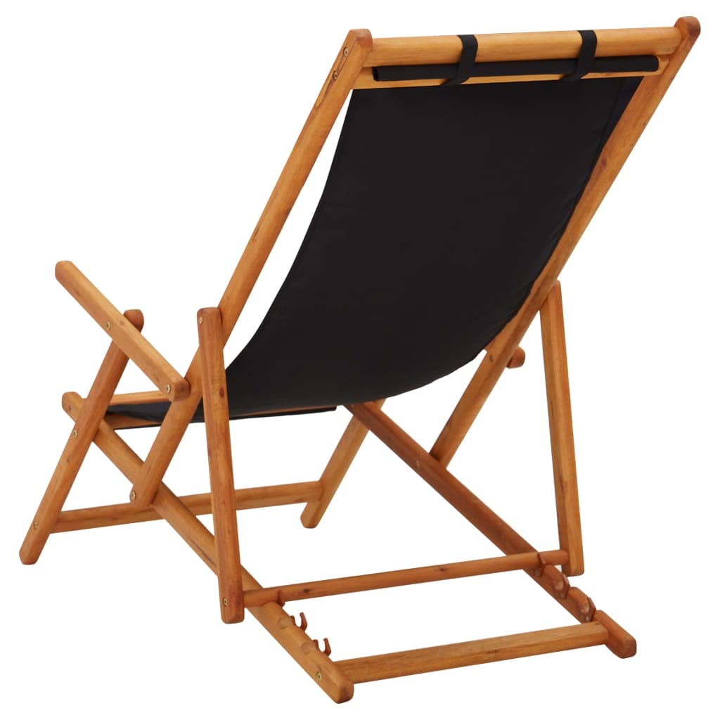 Strandstuhl Klappbar aus Massivholz Eukalyptus mit Stoff Schwarz 3-Fach verstellbar Gartenstuhl Balkonstuhl Terrassenstuhl Campingstuhl Relaxstuhl Outdoor leicht transportierbar