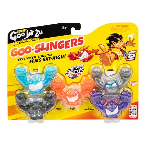 Heroes of Goo Jit Zu Meteor Madness GOO-Slingers, dehne und katapultiere Deine Figuren in die Schlacht für blitzschnelle Blast-Action, 5er-Packung, sammle GOO-Slingers Hyper Blast & Cosmic Metallic