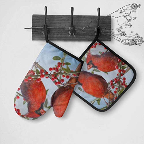 Jujue Cardinal Birds Oven Mitt And Pot Holder, Heat Resistant Hot Plate Moving Non-Slip Kitchen Glove & Potholder For Cooking Baking Grilling #TOP2