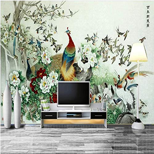 Xzcwwh Hundred Birds Toward The Phoenix Figure Strokes Chinese Tv Sofa Background Wall Custom Large Mural Green Wallpaper Poster Wall Sticker Door Sticker,90Cm(W)×50Cm(H) #TOP27