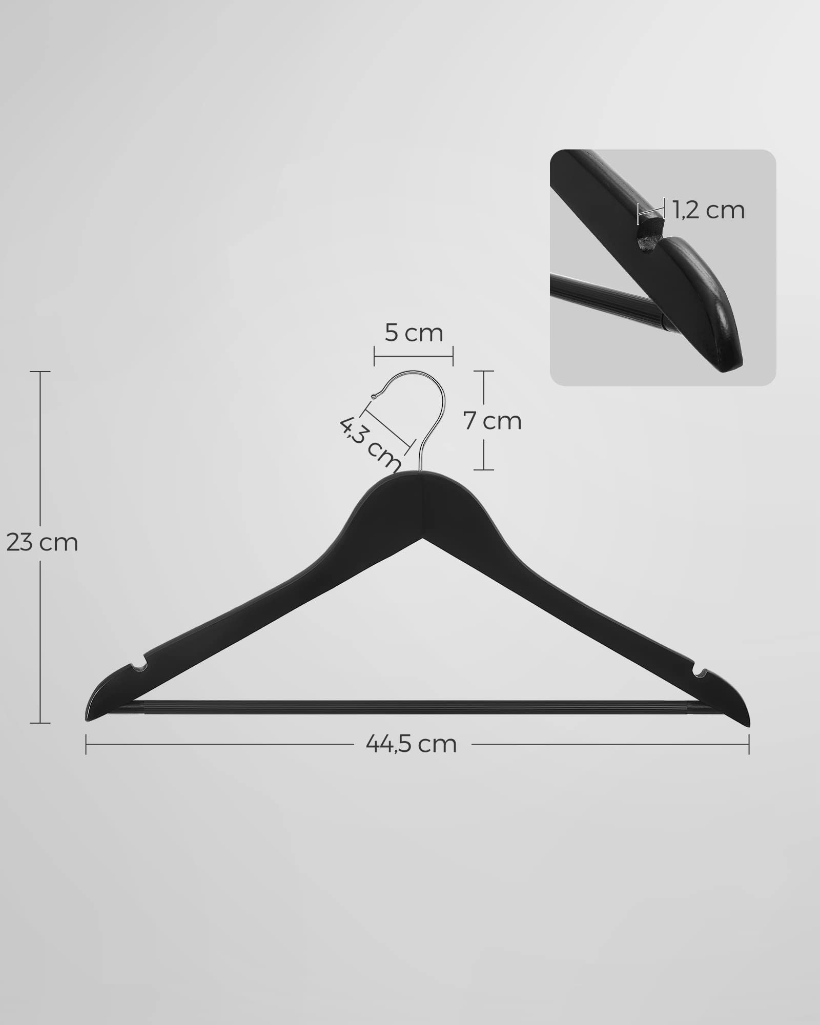 SONGMICS CRW02B10 Wooden Hanger with Non-Slip Notches, Non-Slip Trouser Bar, 360° Swivel Hook, for Costumes, Shirts, Coats, Black and Silver