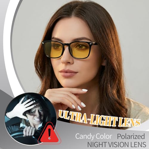 Image of Polarized Sunglasses for Women Men Night Vision Glasses Anti Glare | Yellow Anti Glare UV400 Lens, Lightweight Square Frame, for Day Night Use, Driving, Fishing, Cycling, Traveling