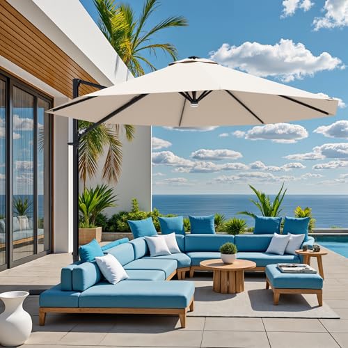 Image of Greesum 10FT Outdoor Patio Umbrella with High Pedel and 4 Gear Heights, Large Offset Umbrella with Solar LED Lights and 360-degree Rotation, Without Base, Hanging Outdoor Shade for Garden, Beige
