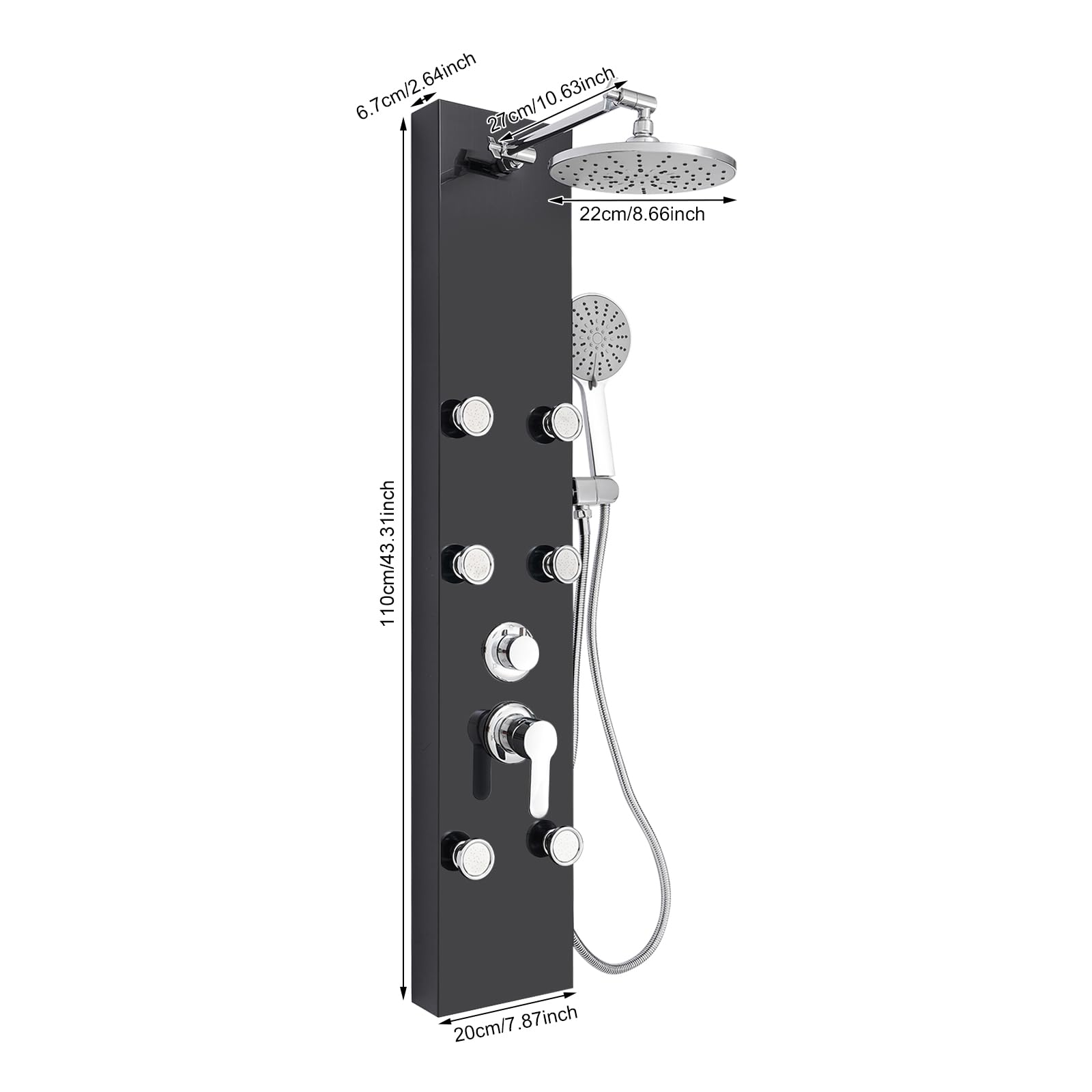 Duschpaneel mit 6 Massagedüsen Kopfbrause Handbrause Wandmontage Edelstahl Schwarz