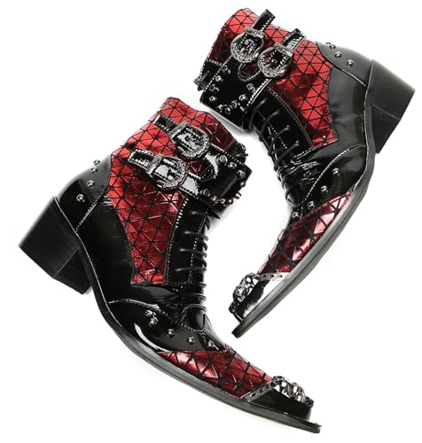 Santimon Men's Gothic Punk Buckle Western Cowboy Boots – Genuine Leather Metal Spiked Toe, Lace-Up Ankle Boots with Buckle & Studs for Club, Party, Stage4