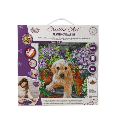 Crystal Art Medium Framed Kit (11.8in x 11.8in) - Floral Pup - Diamond Painting Kit for Ages 8 and Up