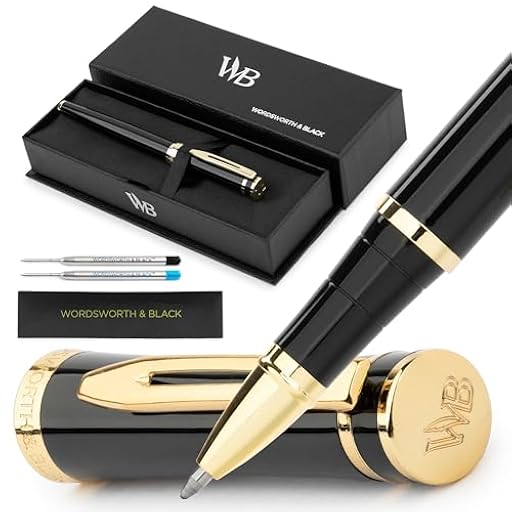 Wordsworth & Black Rollerball Pen - Bolígrafo de Lujo - Acabado en Oro de 24K,Laca Negra,Recarga de Tinta,Recargable,Regalo para Hombres & Mujeres,Escritura Profesional,Bonitos Bolígrafos Elegantes | Ya disponible en tu tienda friki favorita! En mundofriki.es!