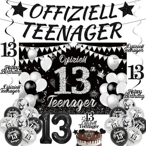 Deko 13 Geburtstag Teenager Junge - 31 Stück Schwarz Offizielle Teen Geburtstagsdeko mit Offiziell Teenager Banner Hintergründe und Nummer 13 Luftballon für 13 Jahr Geburtstagsfeier Dekoration