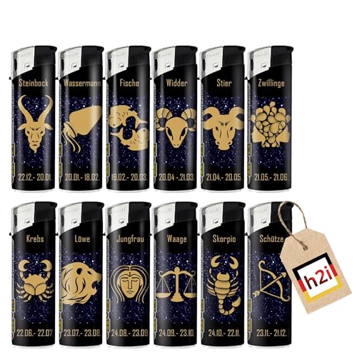 h2i Accendini con segno zodiacale, elettronici, con accensione piezoelettrica, ricaricabili, fiamma regolabile, sicurezza per bambini, 12 motivi assortiti, 120 pezzi