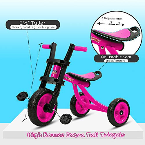High Bounce Kids Tricycle - Extra Tall 3 Wheel Kids Trike, for Toddlers and Kids Ages 3-6 Adjustable Seat Tricycles, Soft Rubber Handle (Pink)