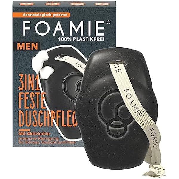 Foamie Men 3 w 1 stały żel pod prysznic i szampon, węgiel aktywny z drewna różanego – do ciała, twarzy i włosów – mocny zapach drzewny, gruntowne czyszczenie i pielęgnacja – wegański, bez plastiku i