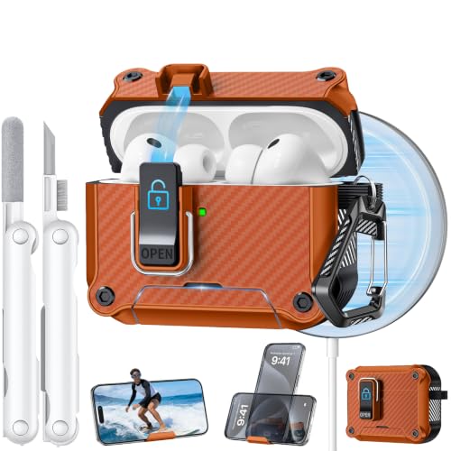 Image of Dual Safety Lock for AirPods Pro 3 Case 2025, Compatible with MagSafe - Designed with Automatic Switch and Phone Stand, Includes a Cleaner & Keychain - Rugged Tough Hard Shell
