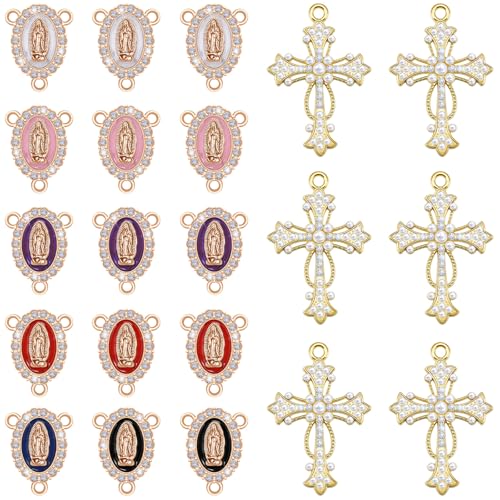 Weyuley 24 Pieces Rosary Making Supplies Cross Charms and Miraculous Medal Vintage Crucifix Pendants imitation Pearl for Women(Golden)